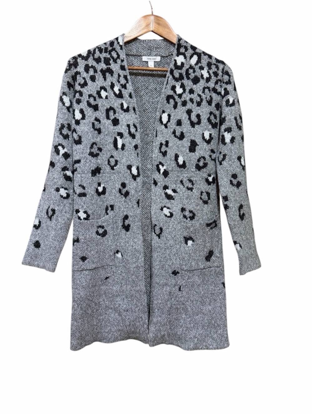 Nine West Gray Leopard-Print Open-Front Cardigan